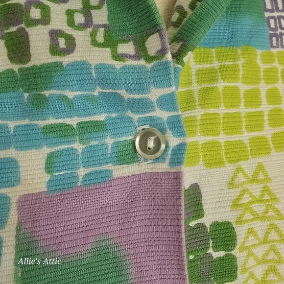 70s Vtg Button Short Sleeve Polyester Geometric Green Purple Dagger Collar Shirt - Picture 5 of 8